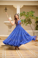 Navratri Special Blue Color  Bandhani Print Gown with Gamathi & Real Mirror Work